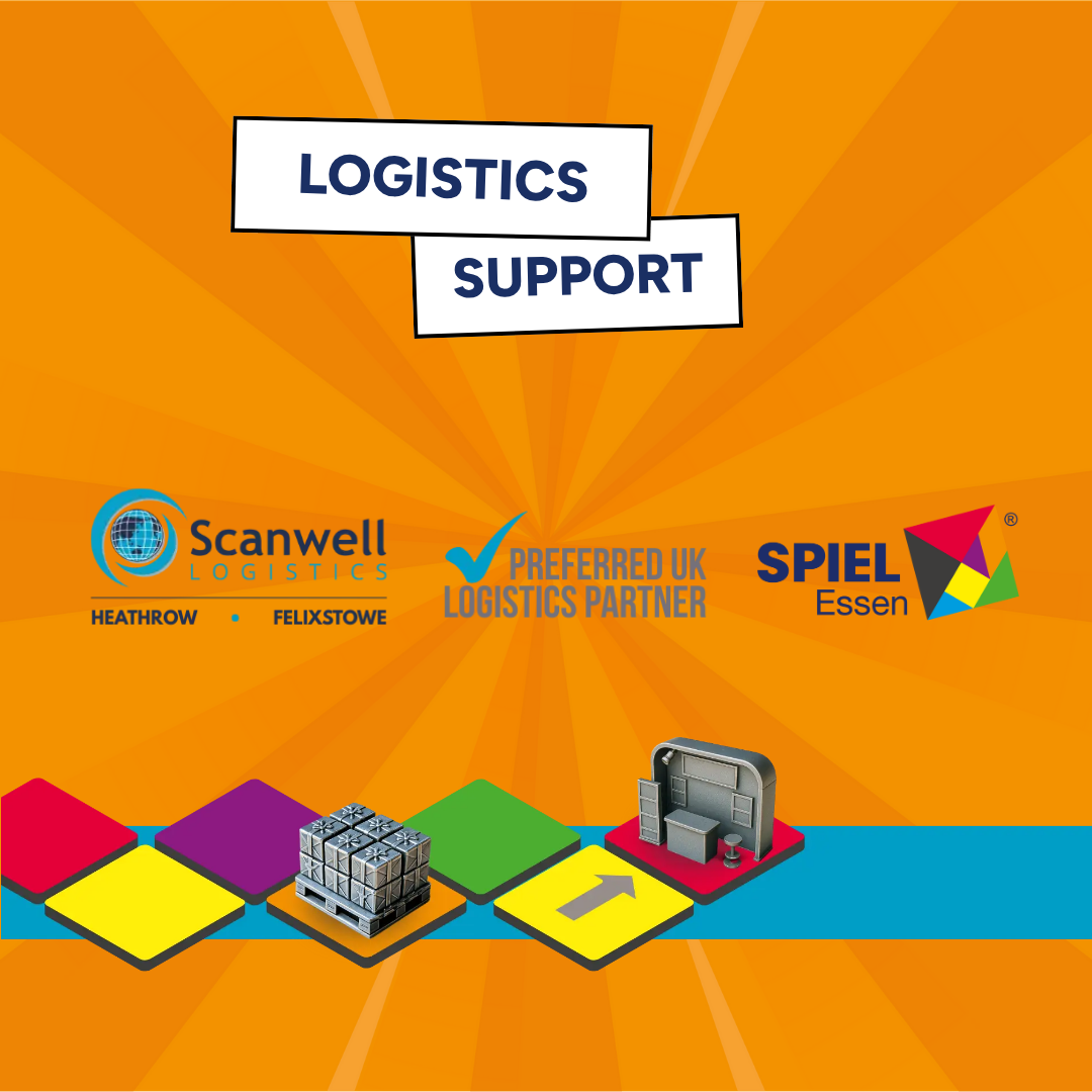 Bunte Kacheln mit Logistik-Symbolen und Logos von Scanwell und SPIEL Essen